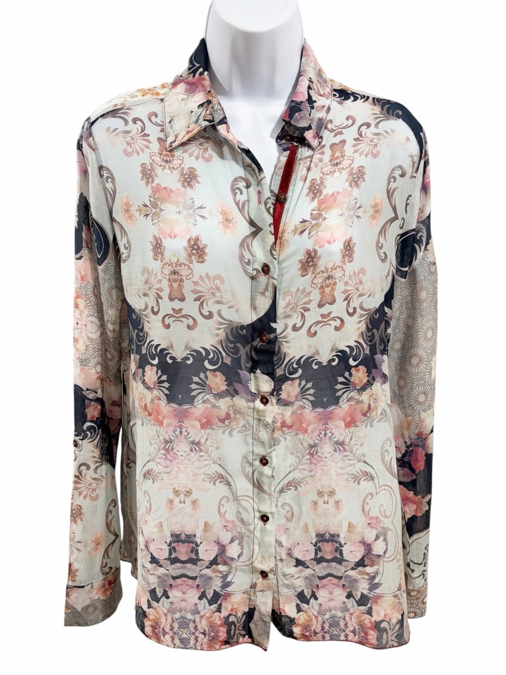 Johnny Was 3J Workshop Cotton Silk Semi-sheer Button Down Blouse size Small